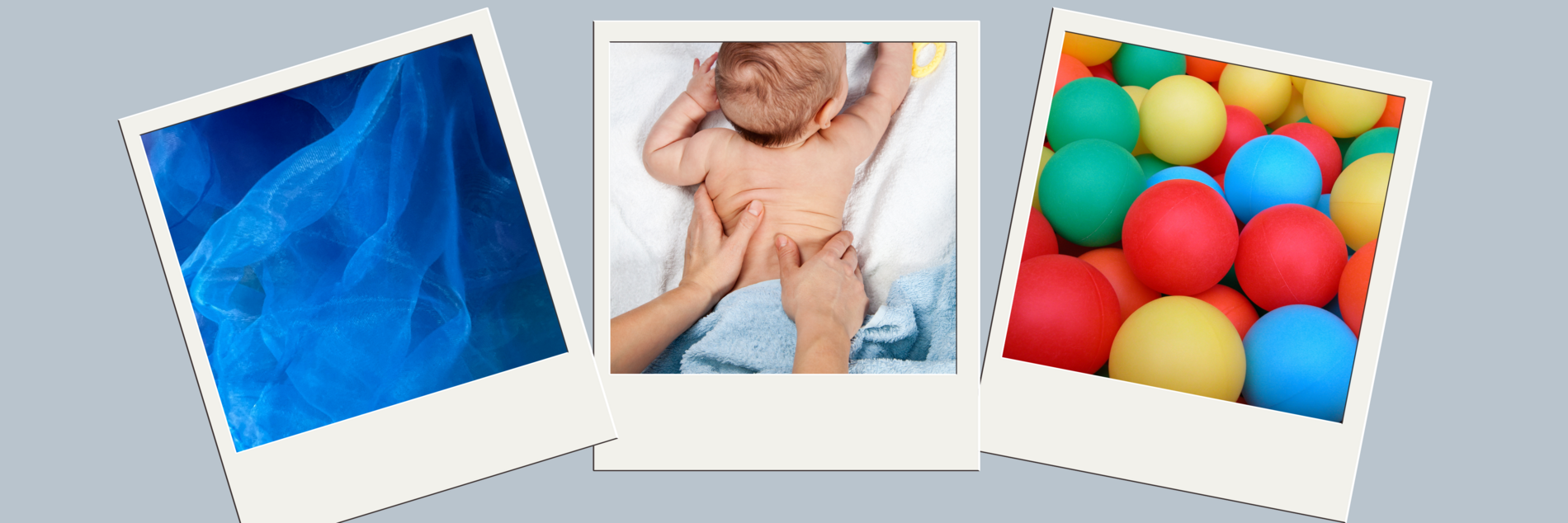 drei Bilder, Stoff, Baby auf dem Bauch mit Händen, die den Rücken massieren, bällebad