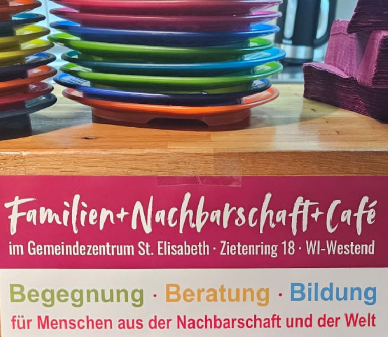 Plakat des Nachbarschaftscafés mit Kooperationspartner Pfarrei St. Bonifatius Wiesbaden