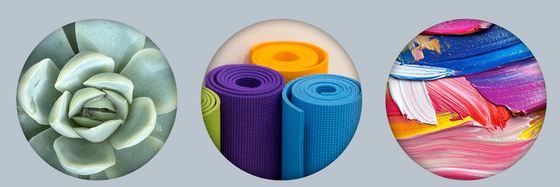 Yogamatte und gemaltes Bild sowie eine Pflanze