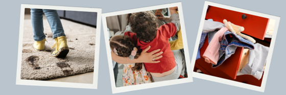 3 bilder: Kinderschuhe, die Dreck auf den Teppich machen, eine Mutter, die ihre Kinder umarmt, chaotische Wäsche aus einer offenen Schublade