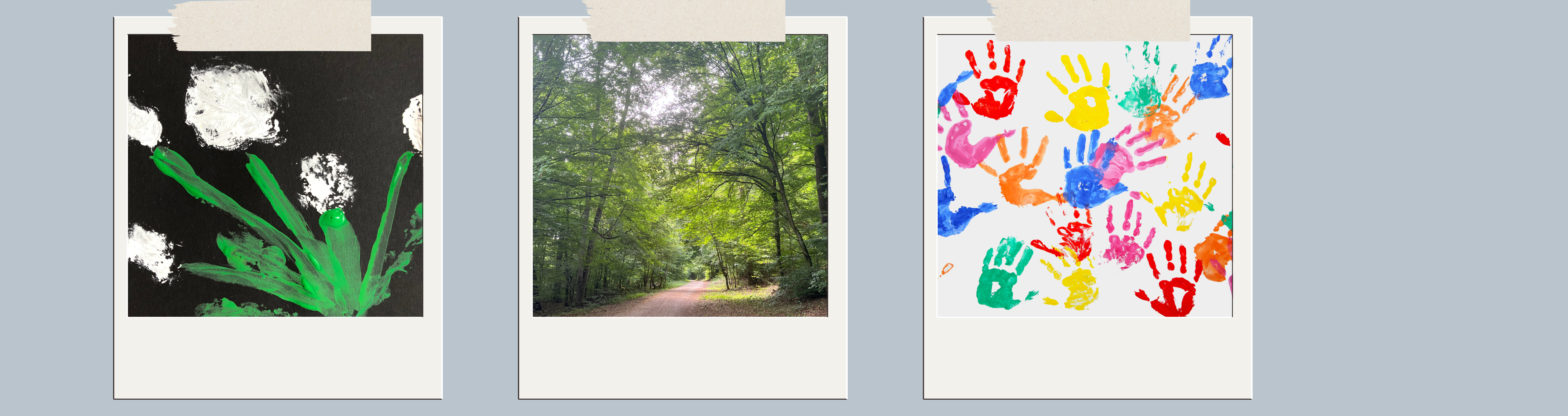 drei Bilder Wald, gemaltes Bild und bunte Handabdrücke